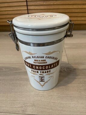 Hot Chocolate bilingual Canister with Brown Accents
